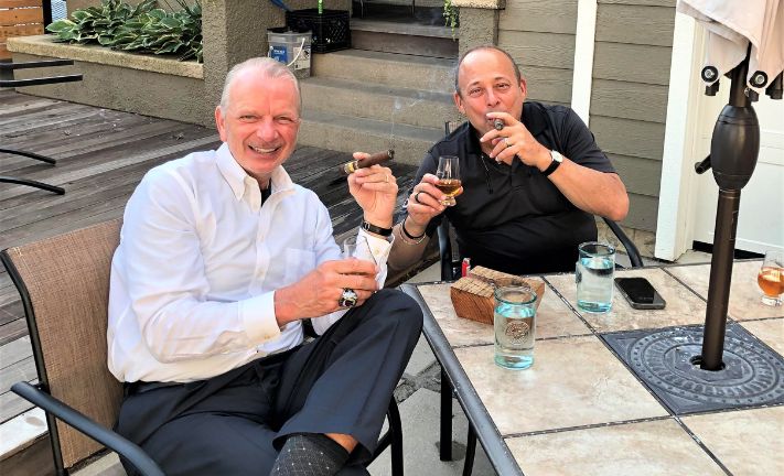 Dave enjoying a post-workshop cigar and bourbon with Larry Dorfman